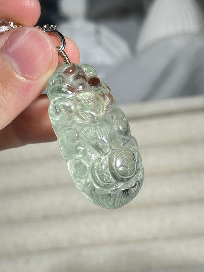 Green crystal engraved fox necklace