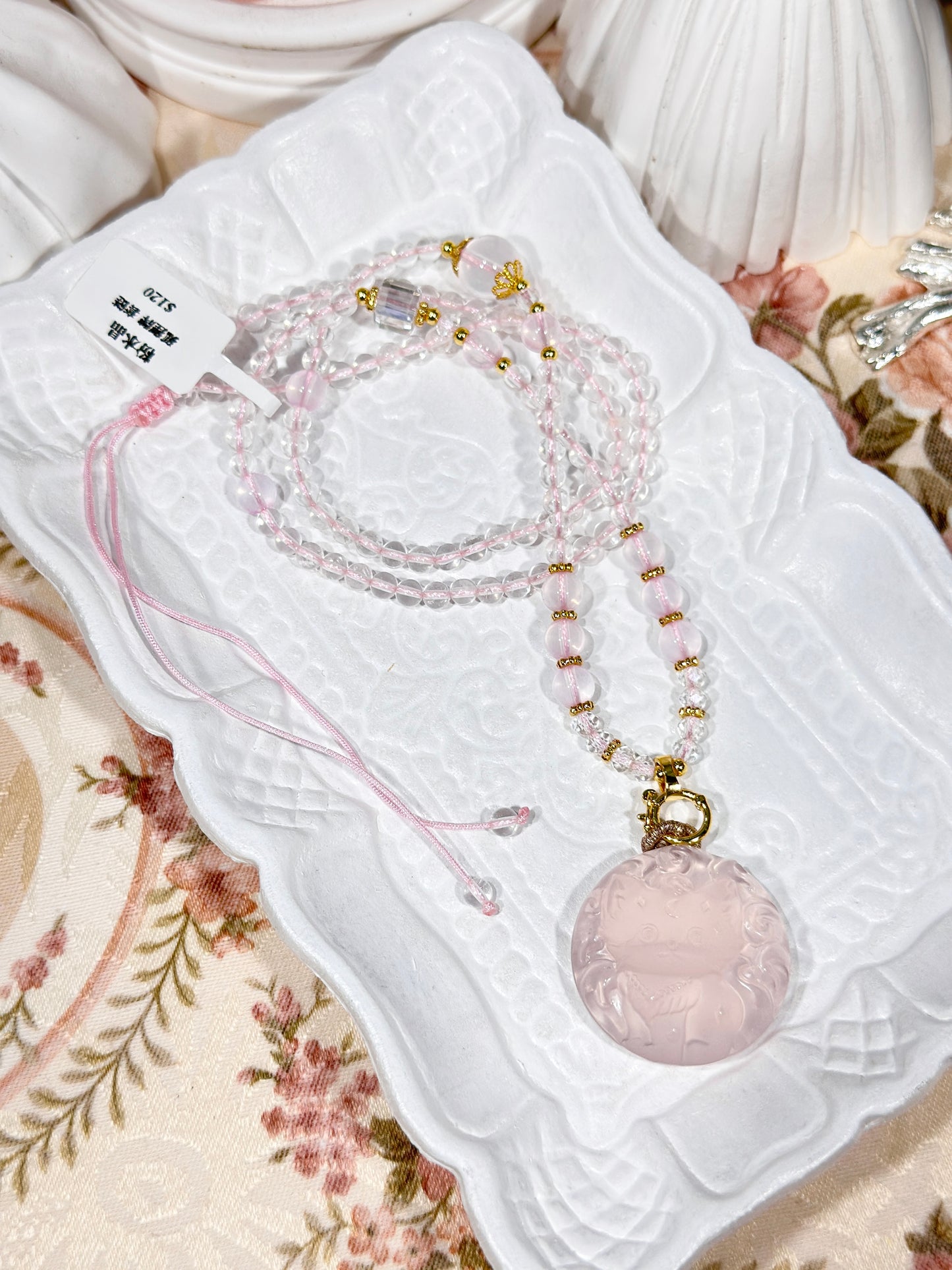 Pink quartz fox necklace