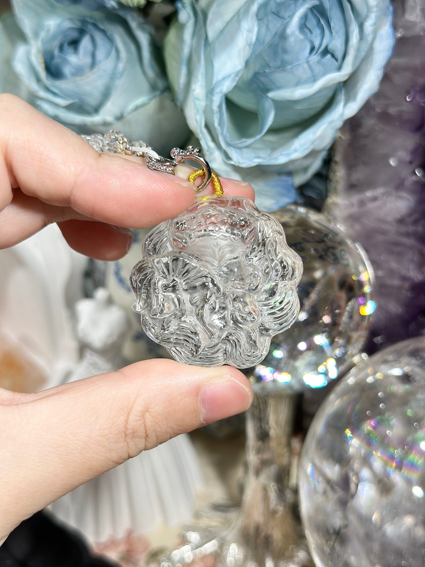 White crystal engraved fox necklace