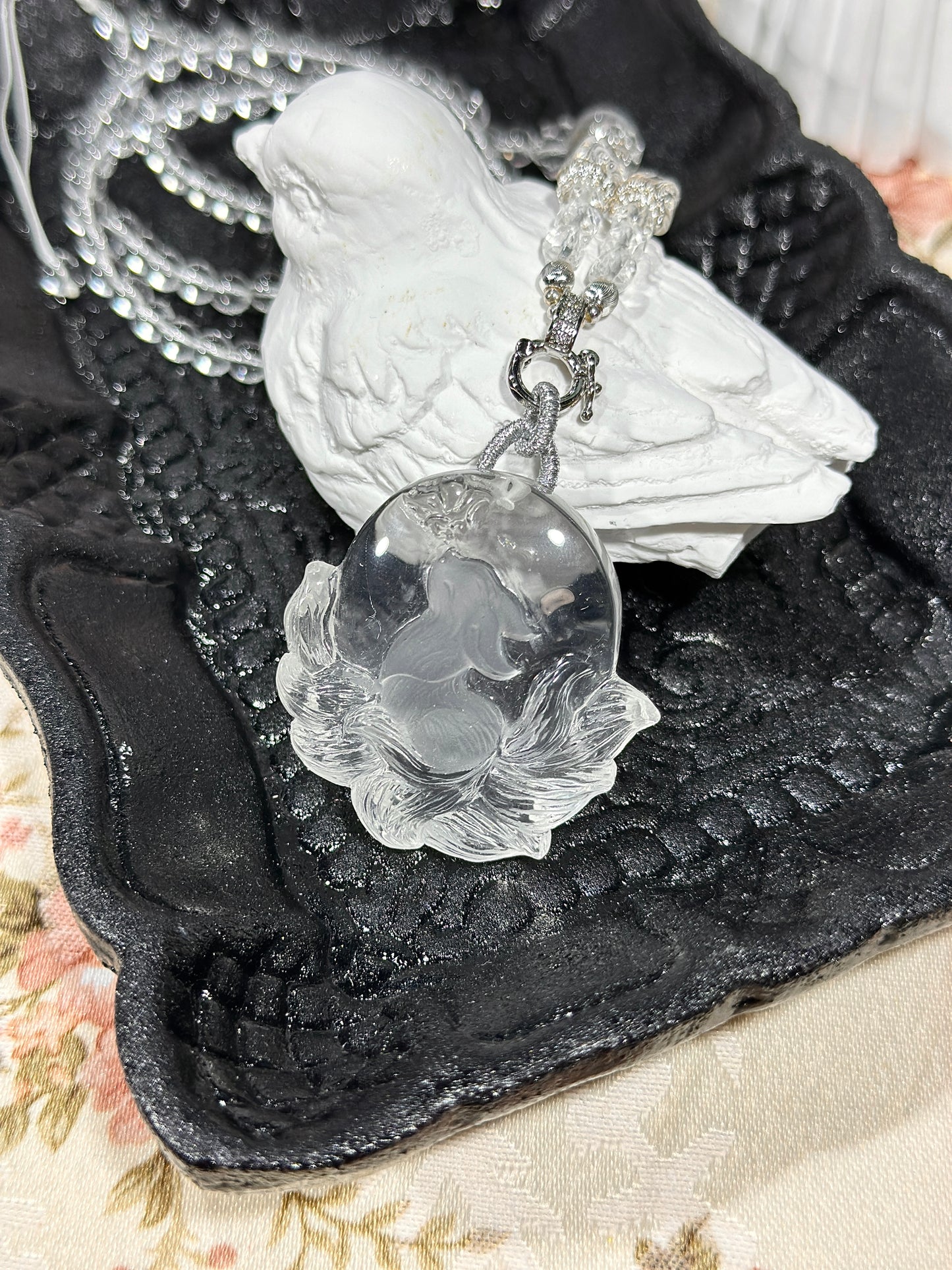 White crystal engraved fox necklace