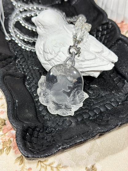 White crystal engraved fox necklace