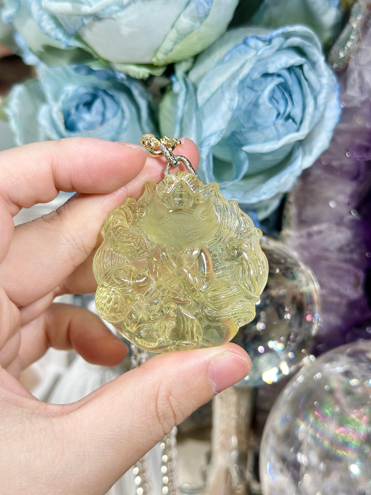 Lemon Citrine Carved Fox Necklace Set