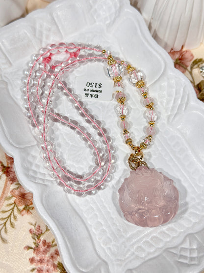 Pink quartz fox necklace