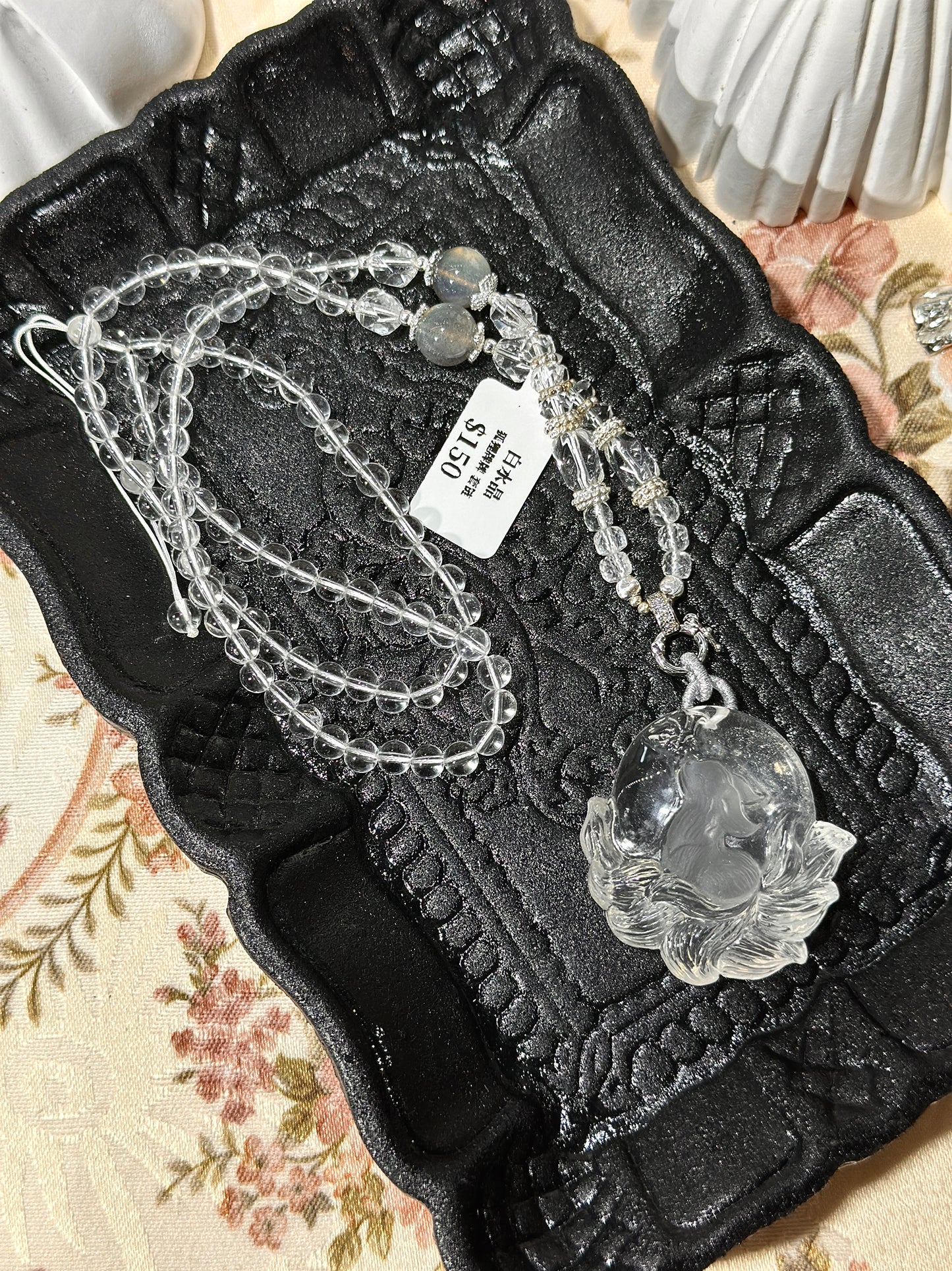 White crystal engraved fox necklace