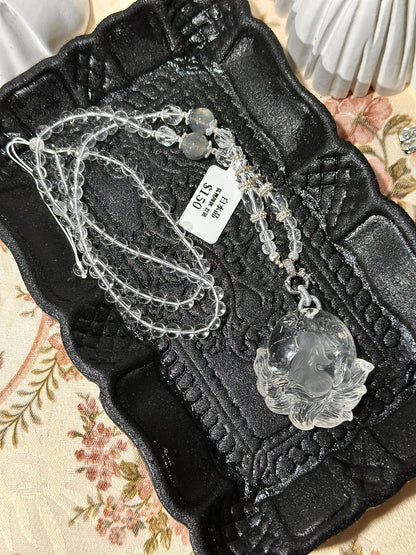 White crystal engraved fox necklace