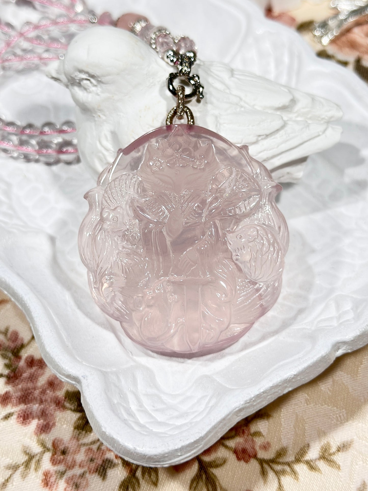 Pink quartz fox necklace