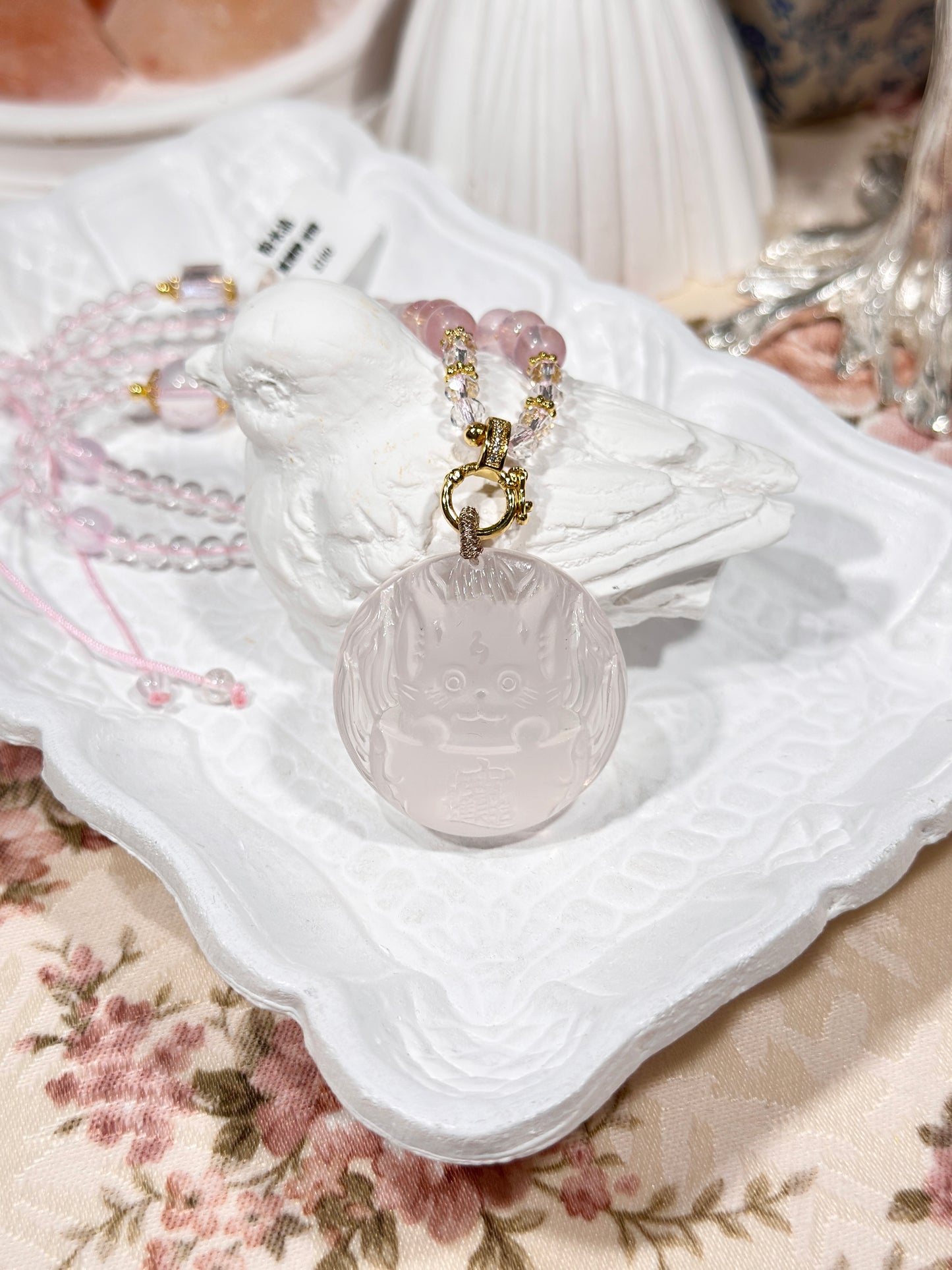 Pink quartz fox necklace