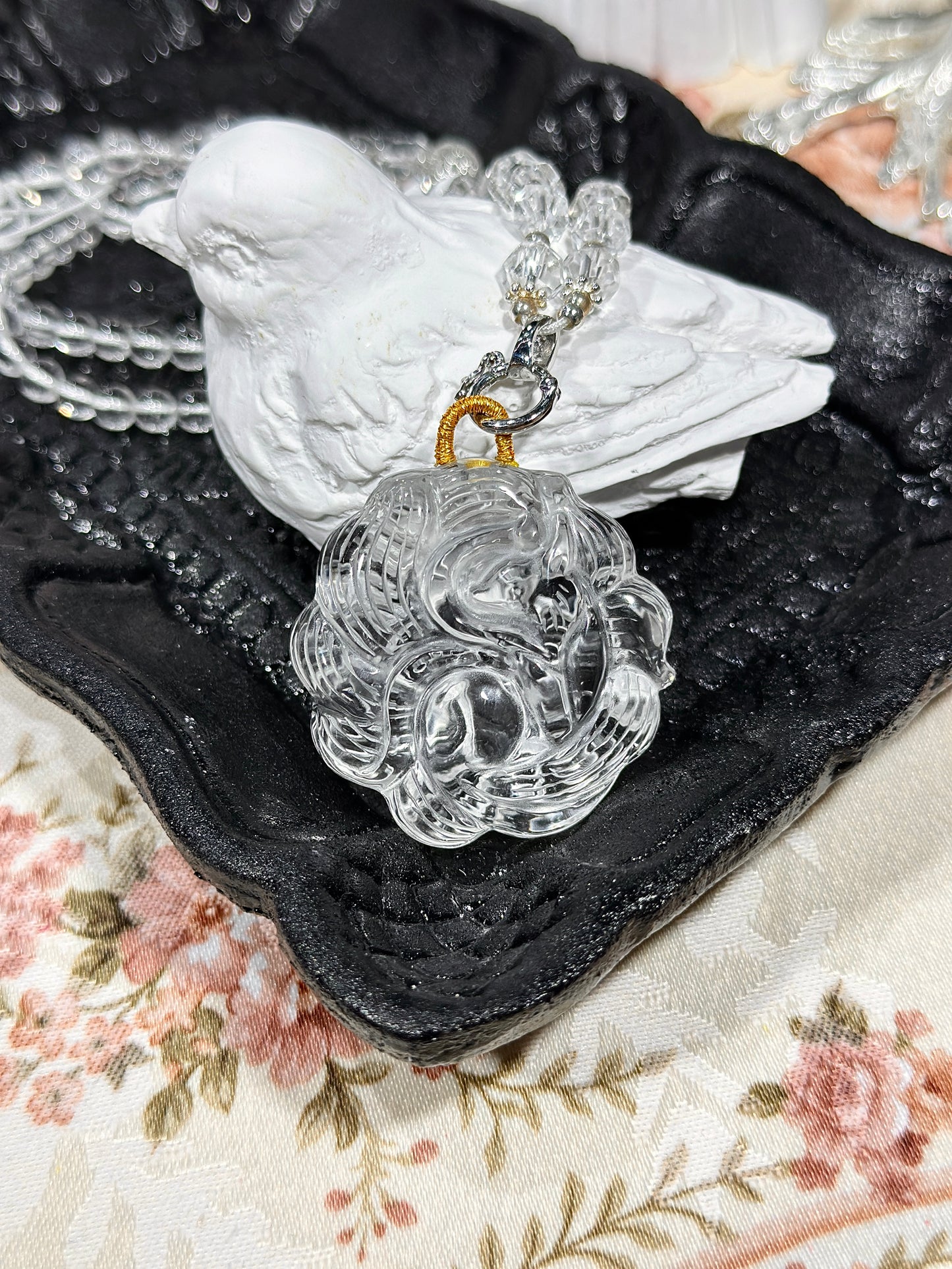 White crystal engraved fox necklace