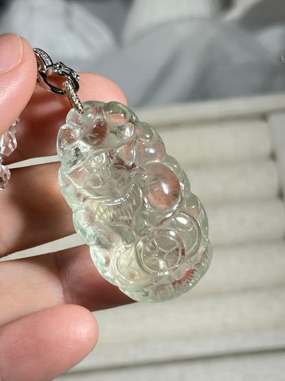 Green crystal engraved fox necklace