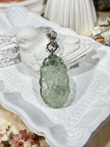 Green crystal engraved fox necklace