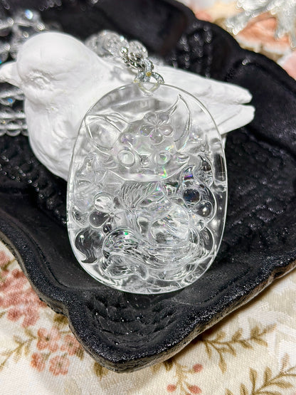 Colorful white crystal engraved fox necklace