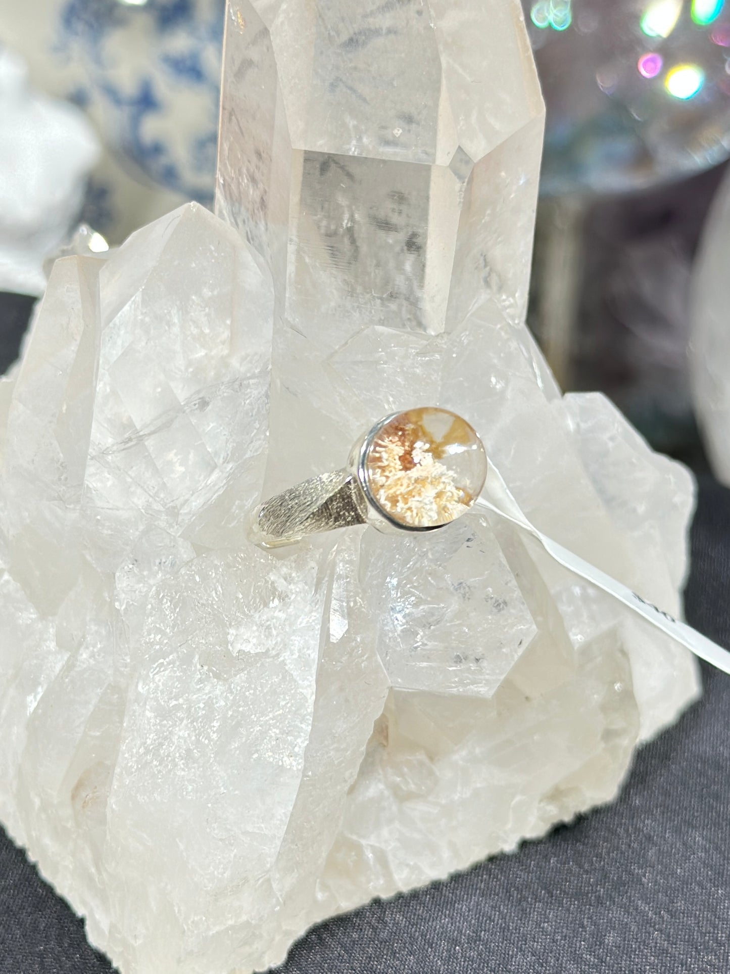 Orange-pink ghost crystal S925 silver ring