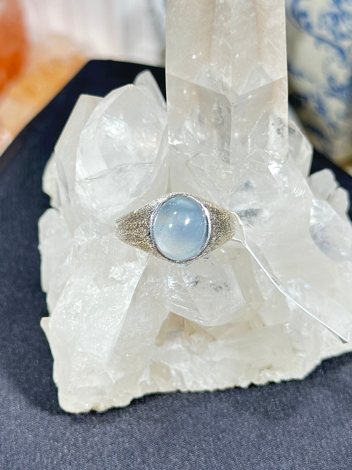 蓝兔毛水晶S925银戒指