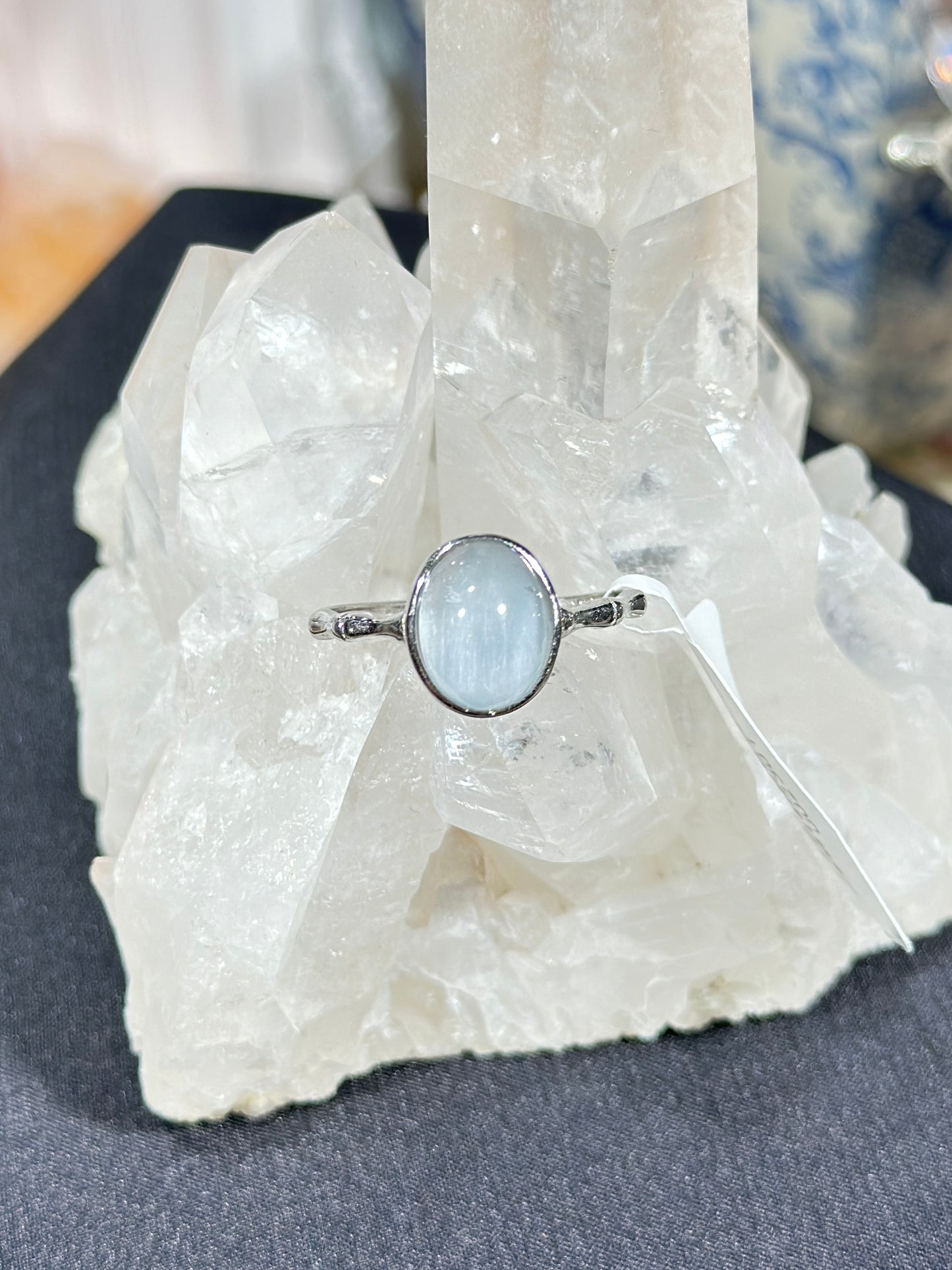 蓝兔毛水晶S925银戒指