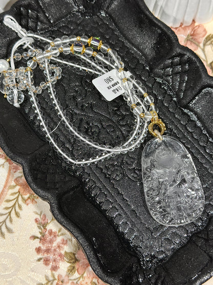 White crystal engraved fox necklace