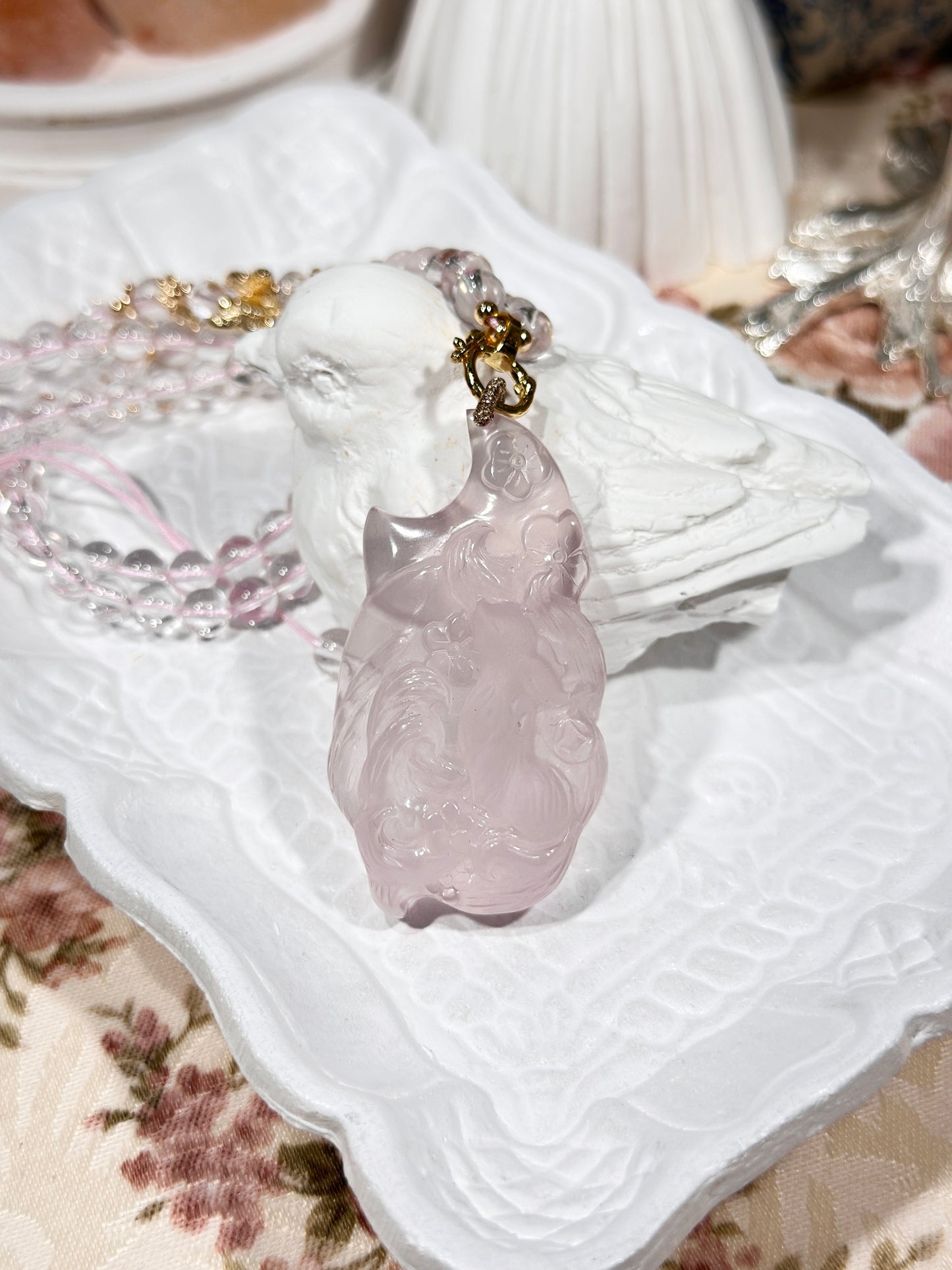 Pink quartz fox necklace