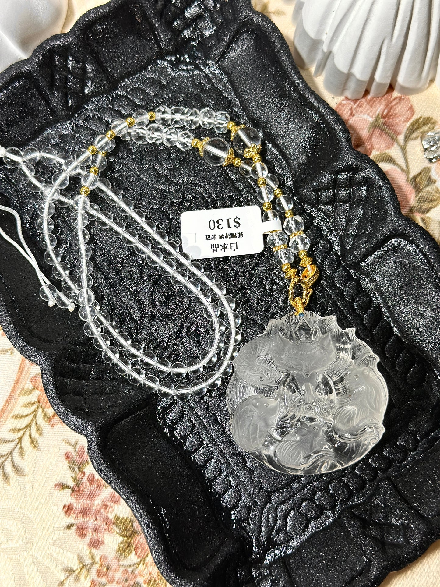 White crystal engraved fox necklace