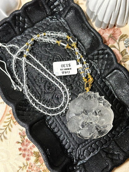 White crystal engraved fox necklace