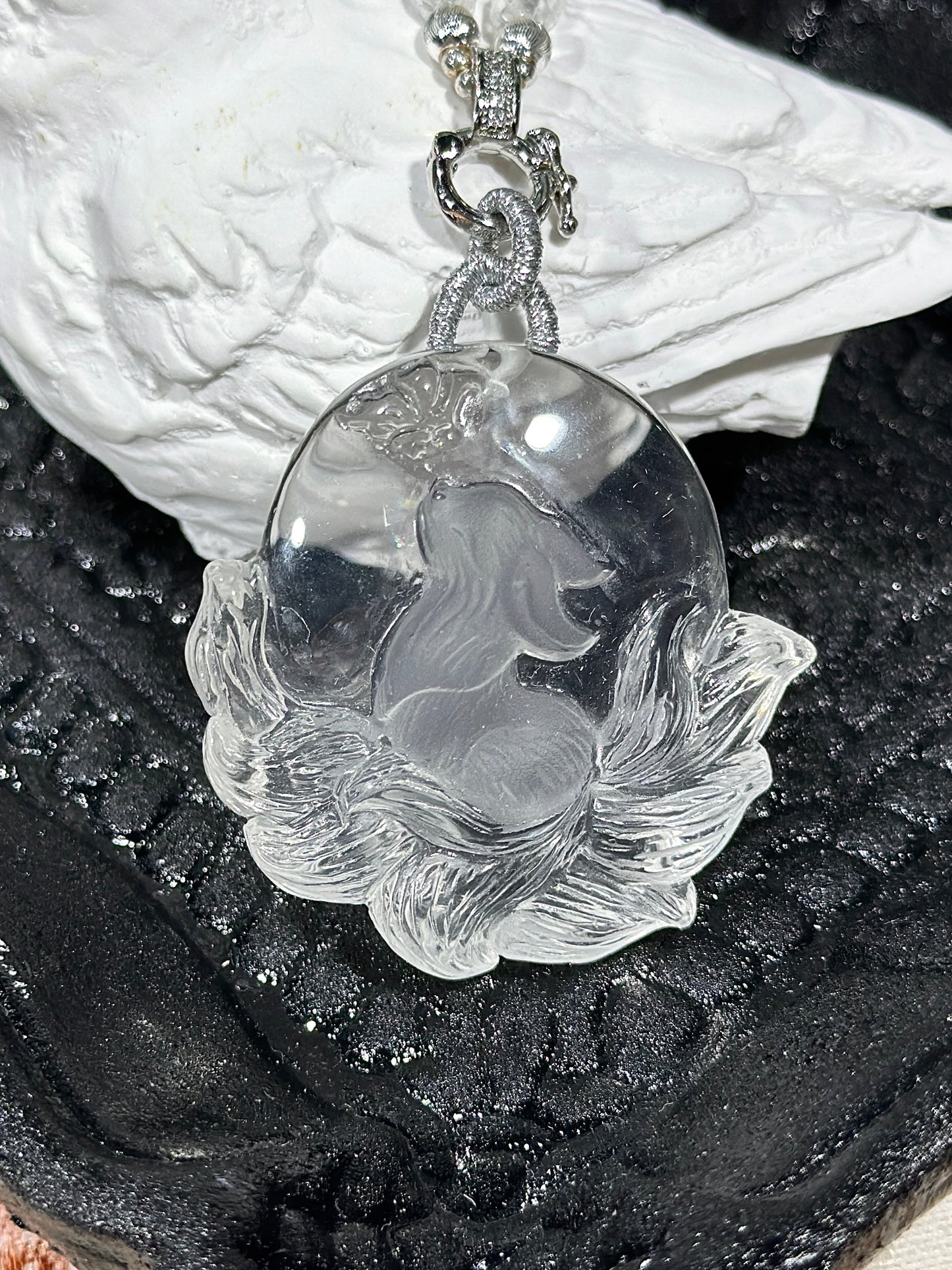 White crystal engraved fox necklace