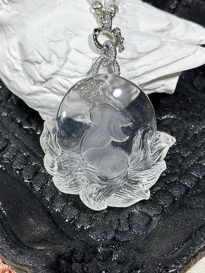 White crystal engraved fox necklace