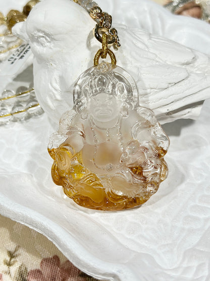 Yellow glue flower carved yellow god of wealth pendant necklace