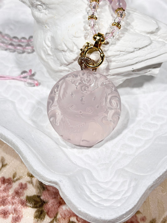 Pink quartz fox necklace