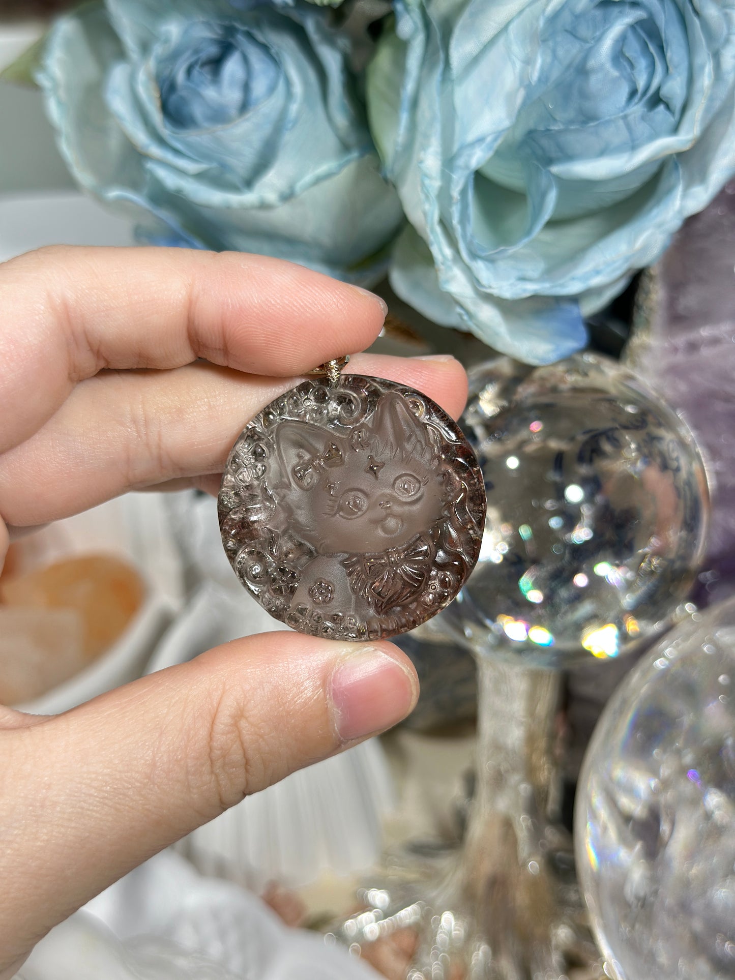 Ghost crystal engraved fox necklace