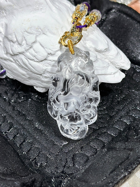 White crystal engraved fox necklace