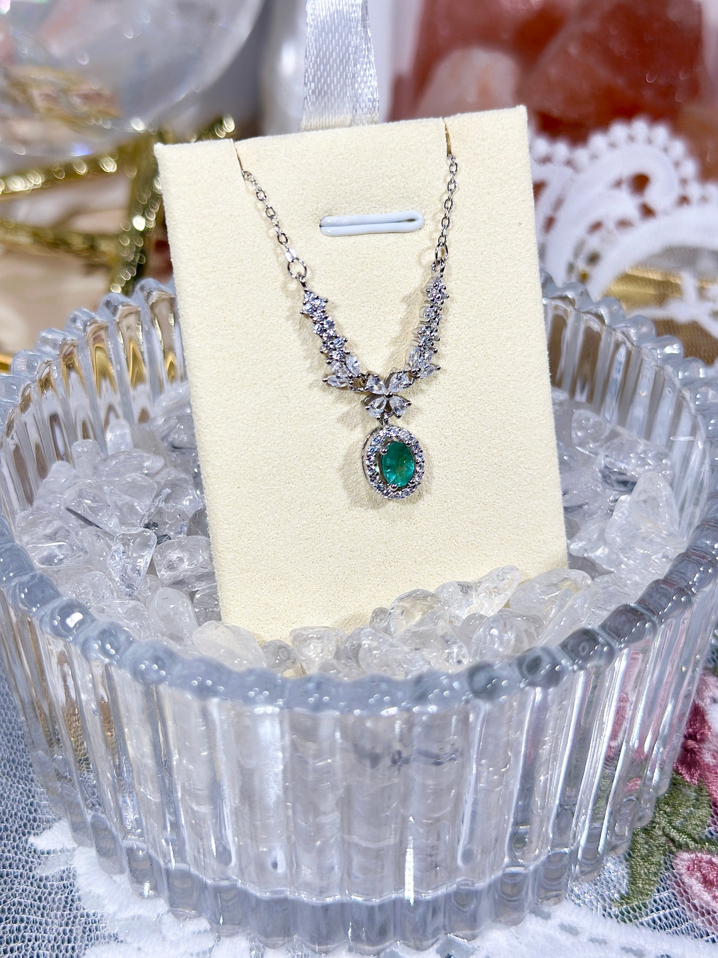 Green mother crystal necklace S925 silver