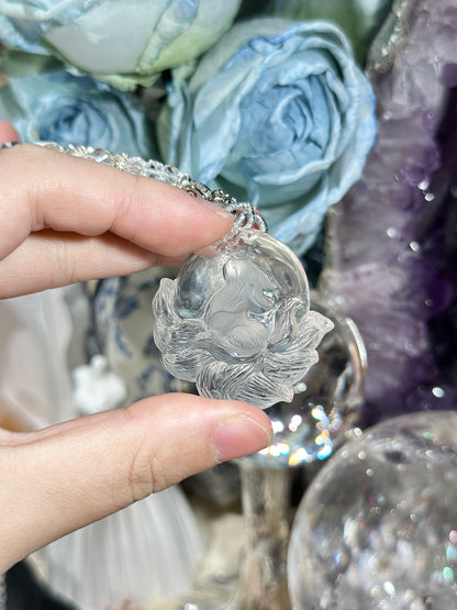 White crystal engraved fox necklace