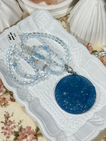 Aquamarine engraved fox necklace