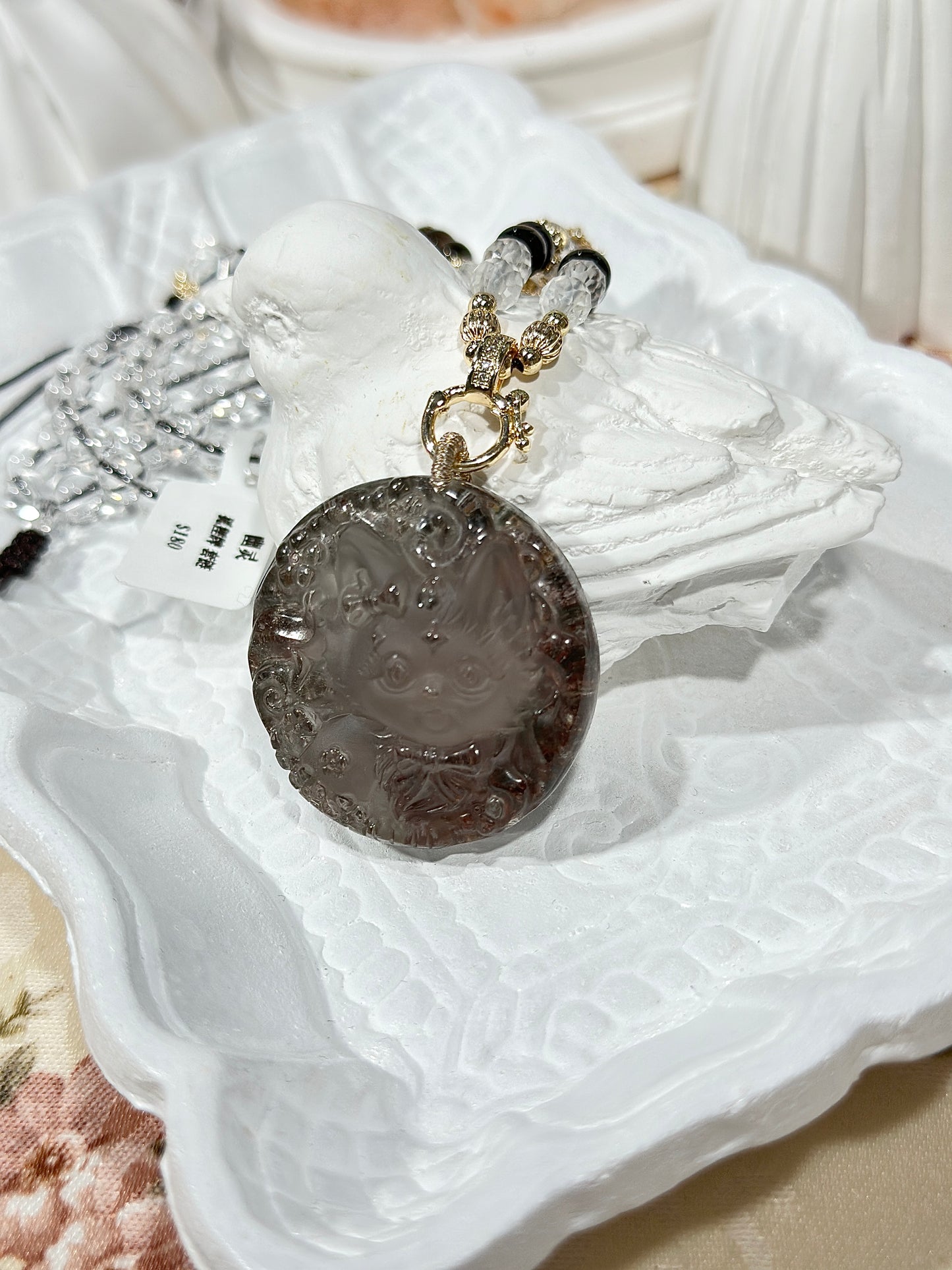 Ghost crystal engraved fox necklace