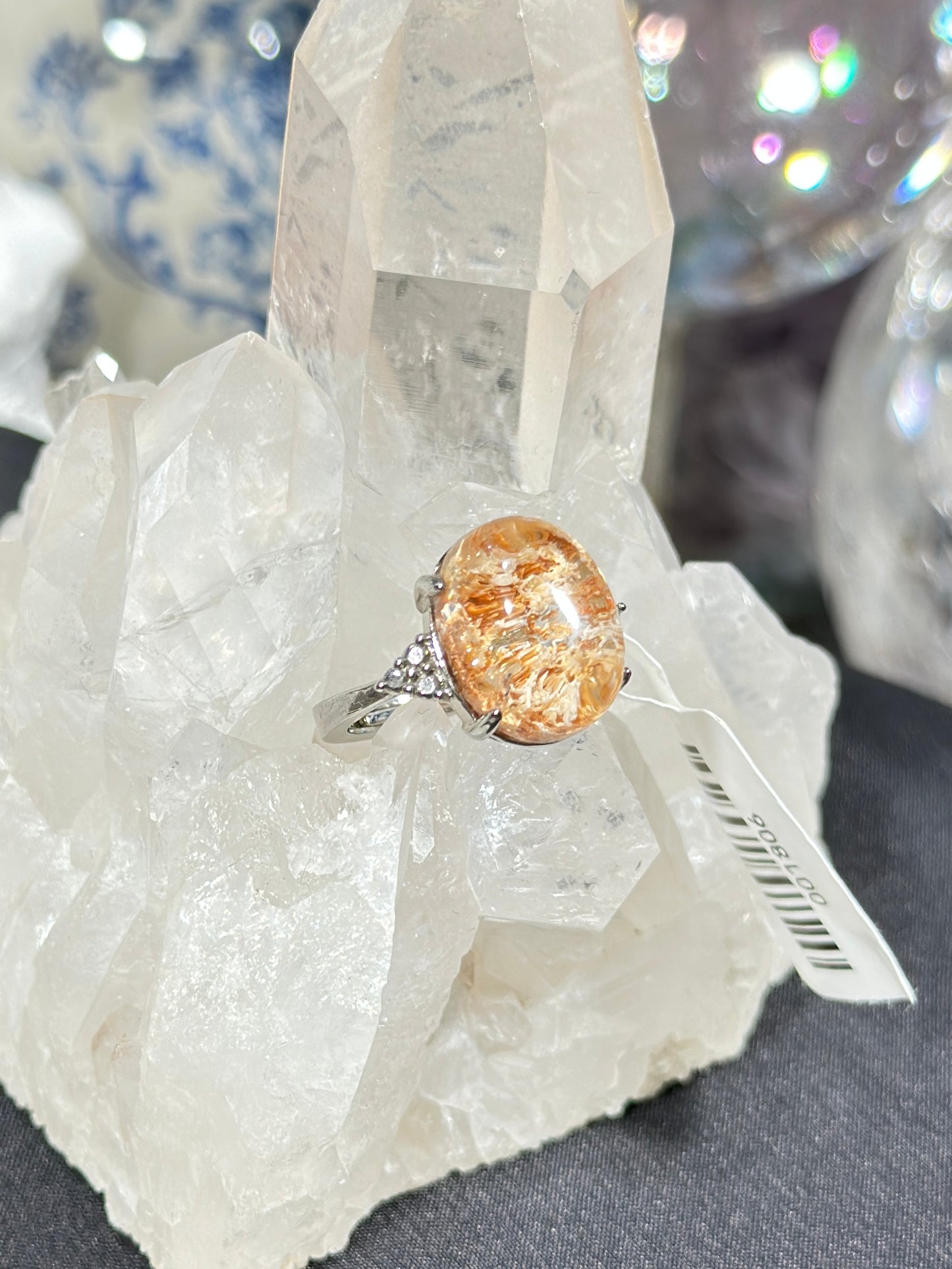 Orange-pink ghost crystal S925 silver ring