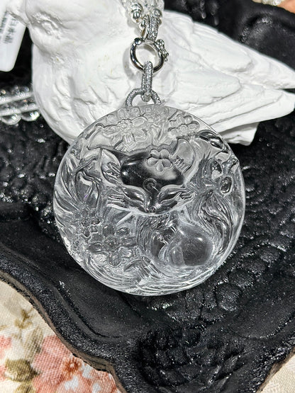 White crystal engraved fox necklace