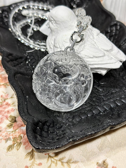 White crystal engraved fox necklace