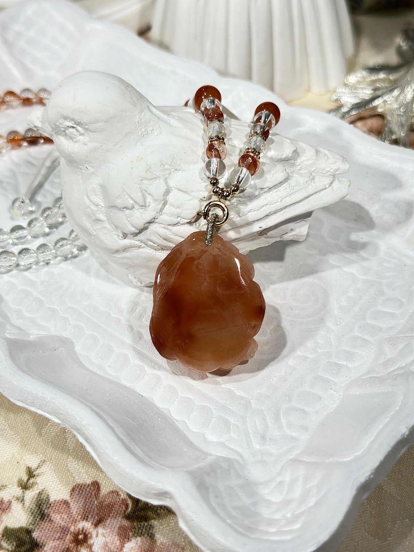 Red rabbit fur fox carved pendant