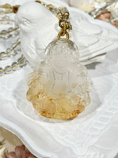 Yellow glue flower carved yellow god of wealth pendant necklace