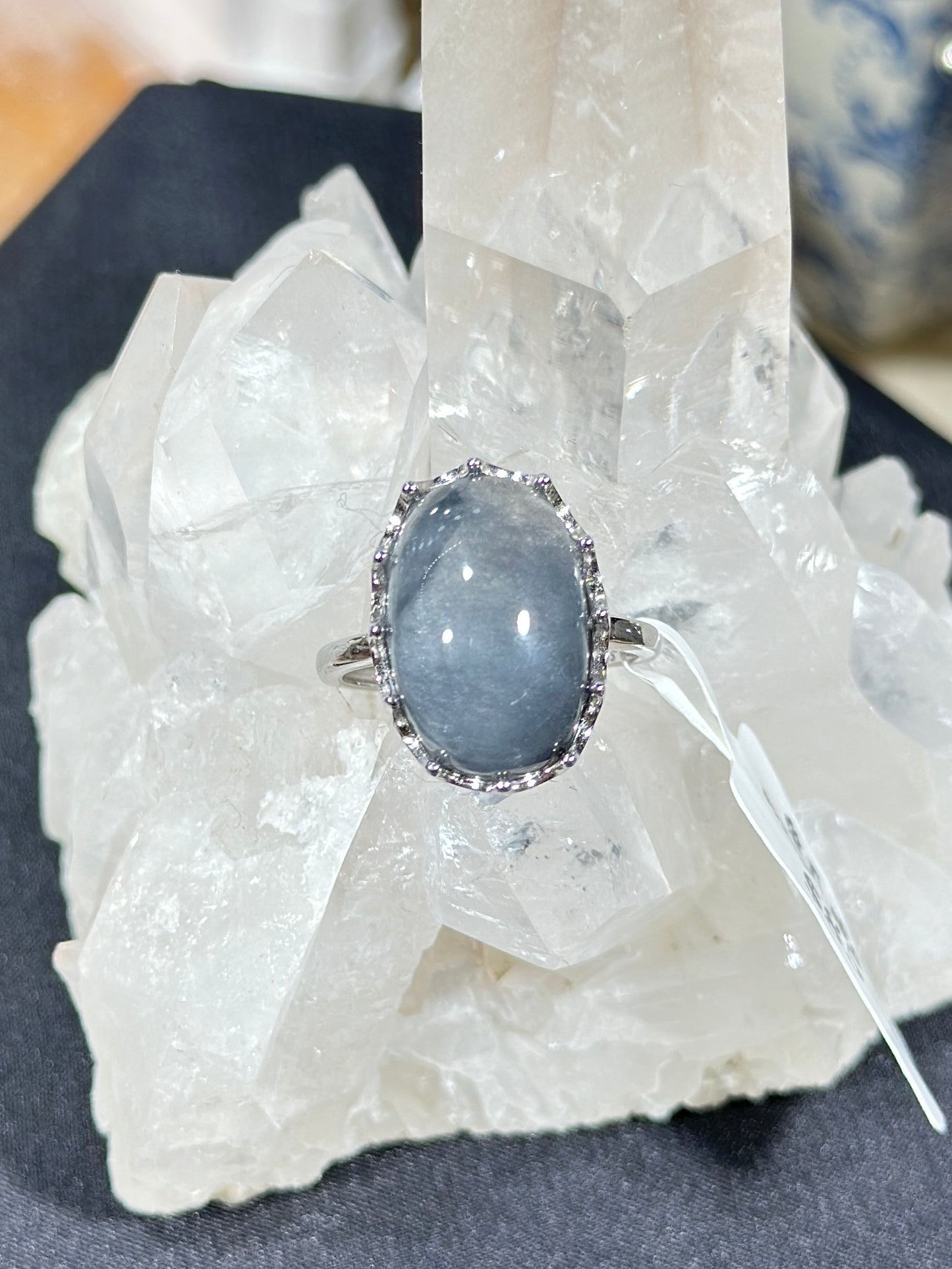 蓝兔毛水晶S925银戒指