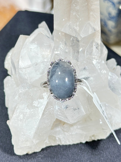 蓝兔毛水晶S925银戒指