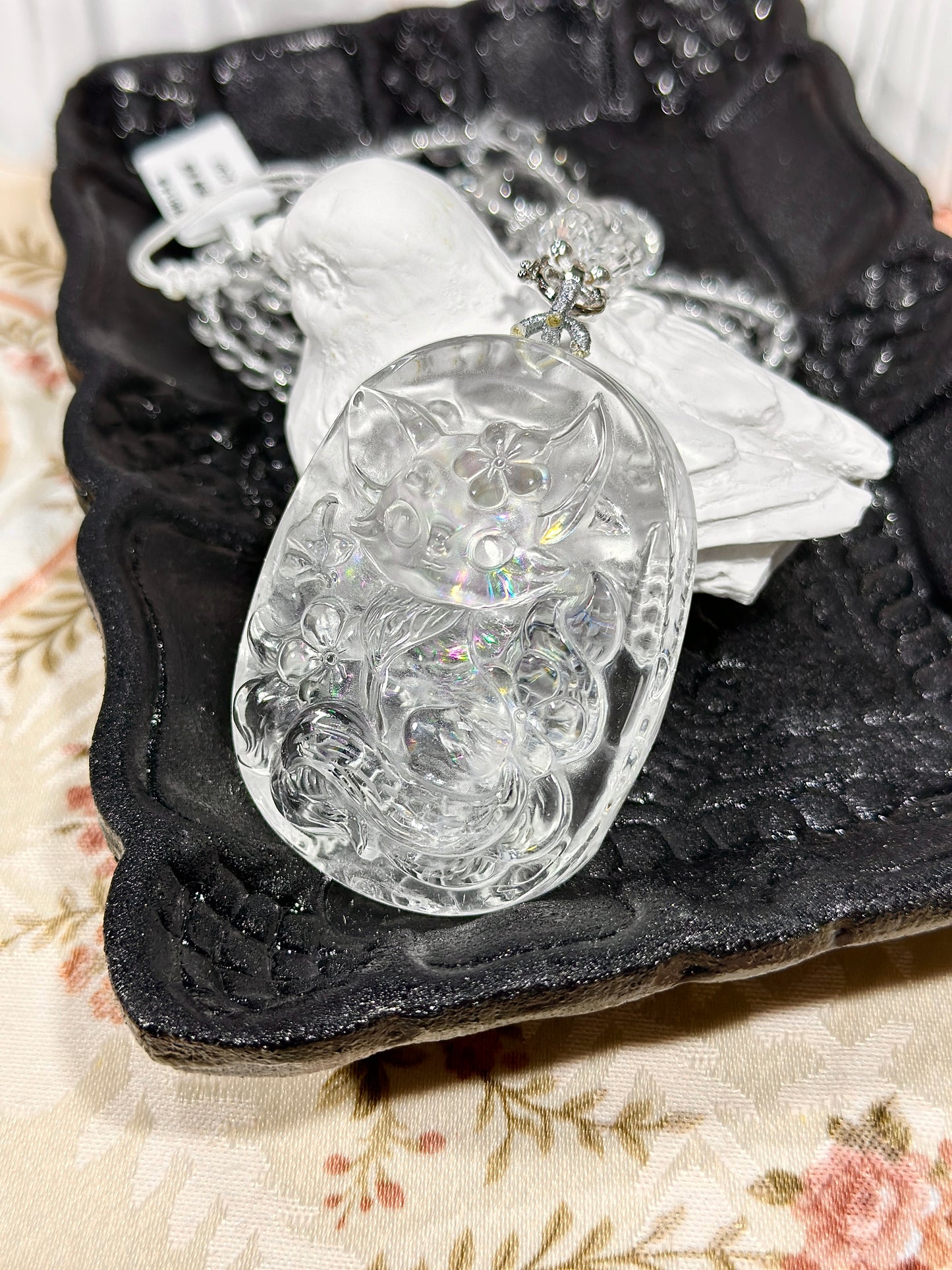 Colorful white crystal engraved fox necklace