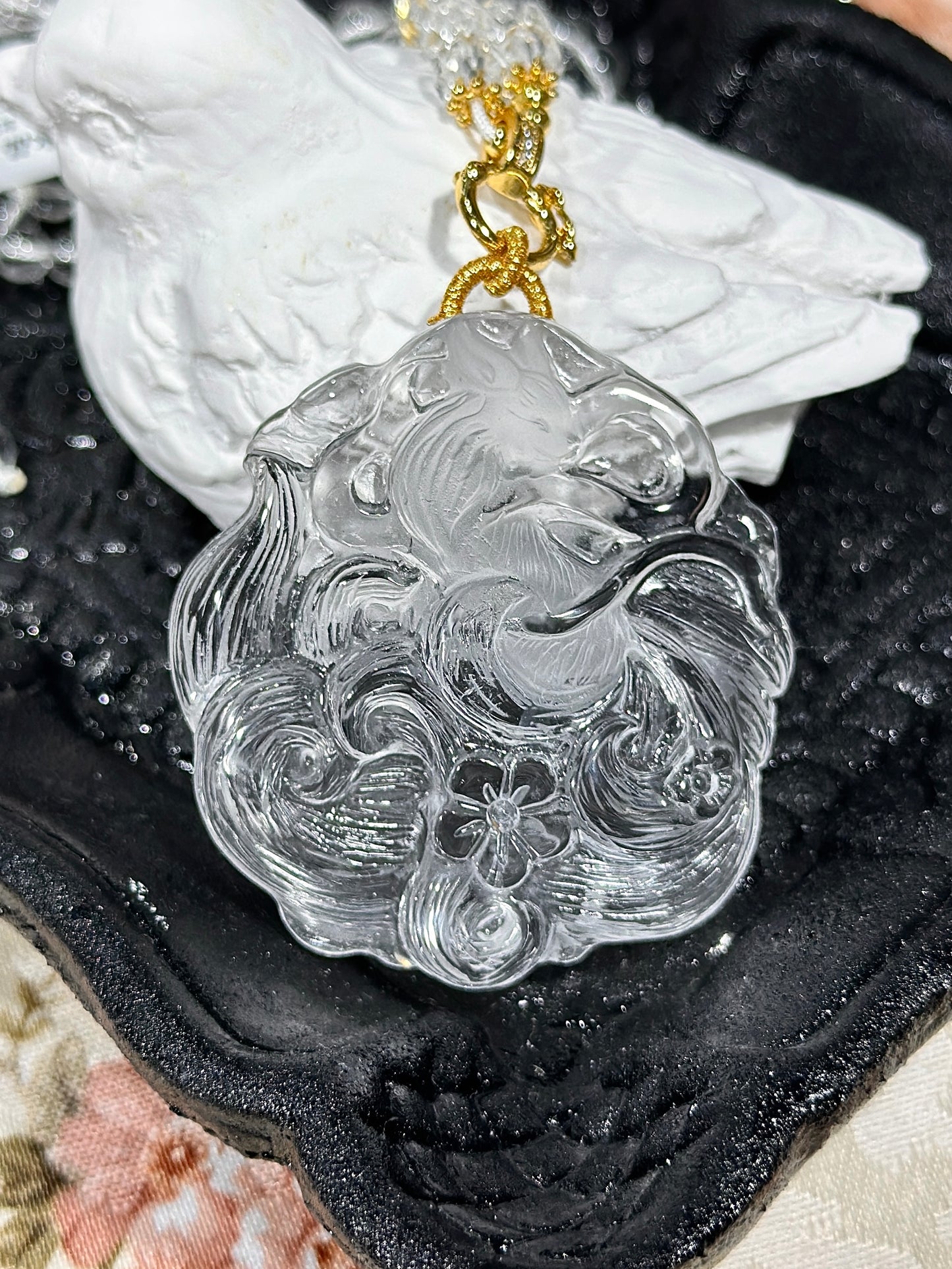 White crystal engraved fox necklace