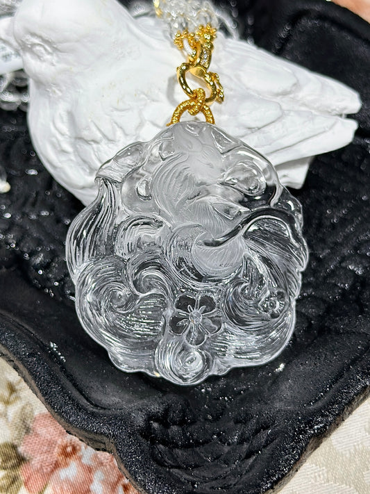 White crystal engraved fox necklace