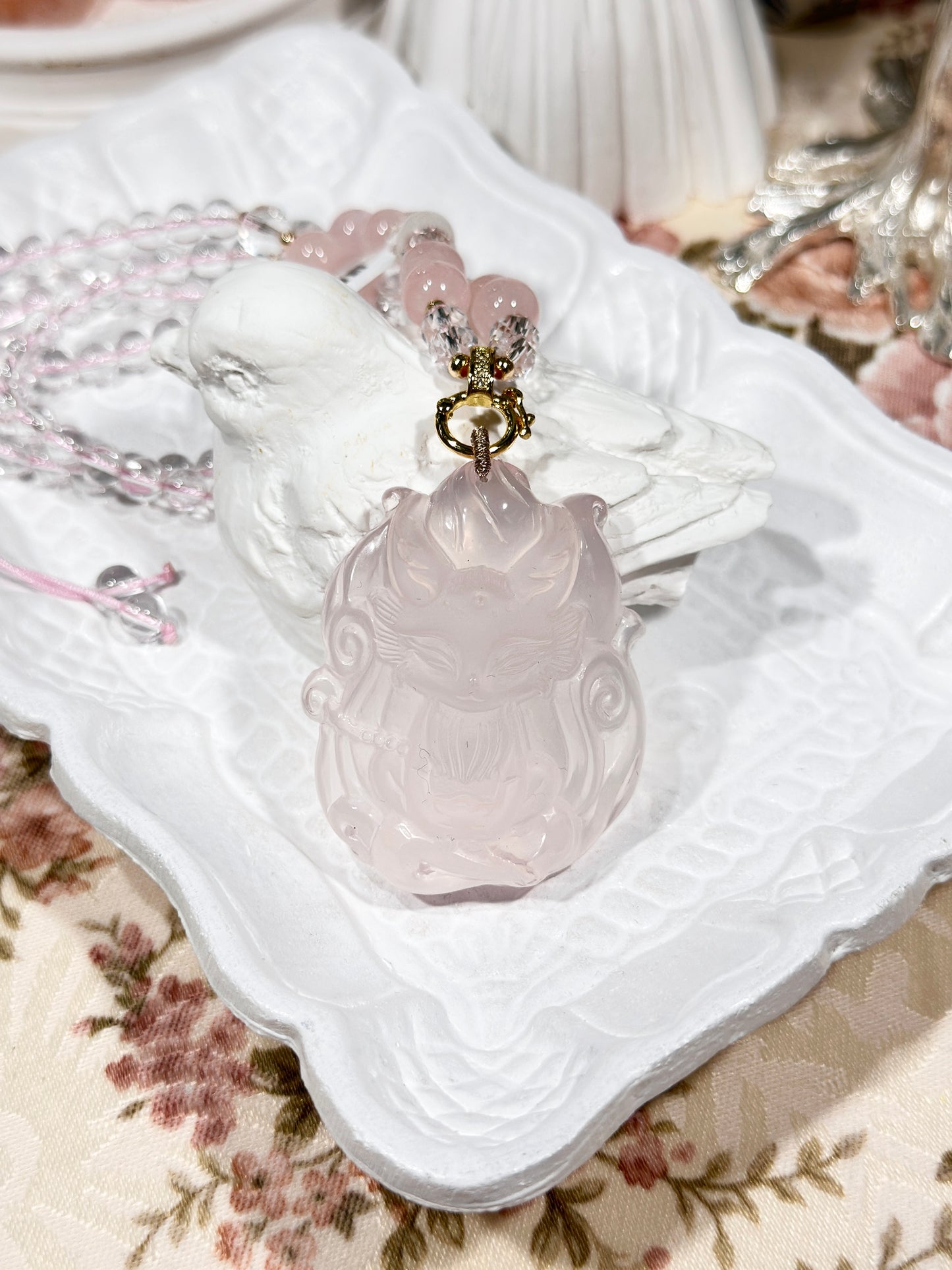 Pink quartz fox necklace