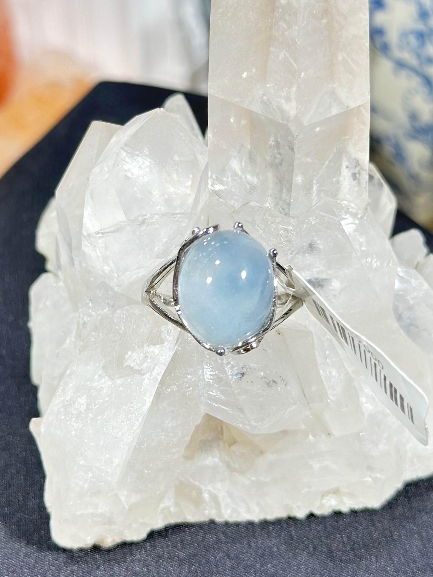 蓝兔毛水晶S925银戒指
