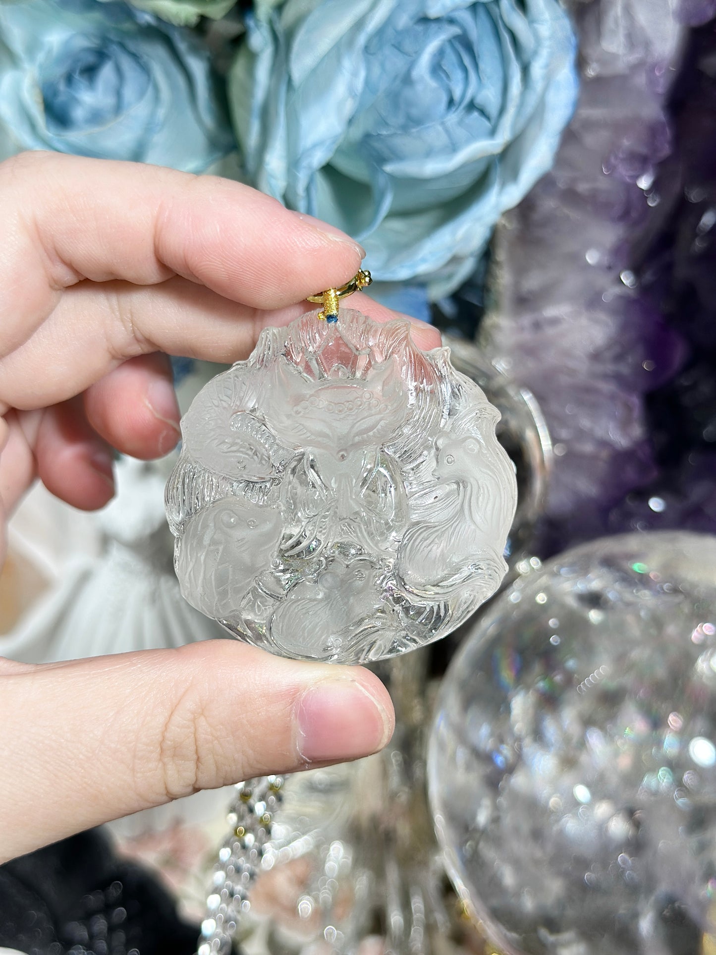 White crystal engraved fox necklace