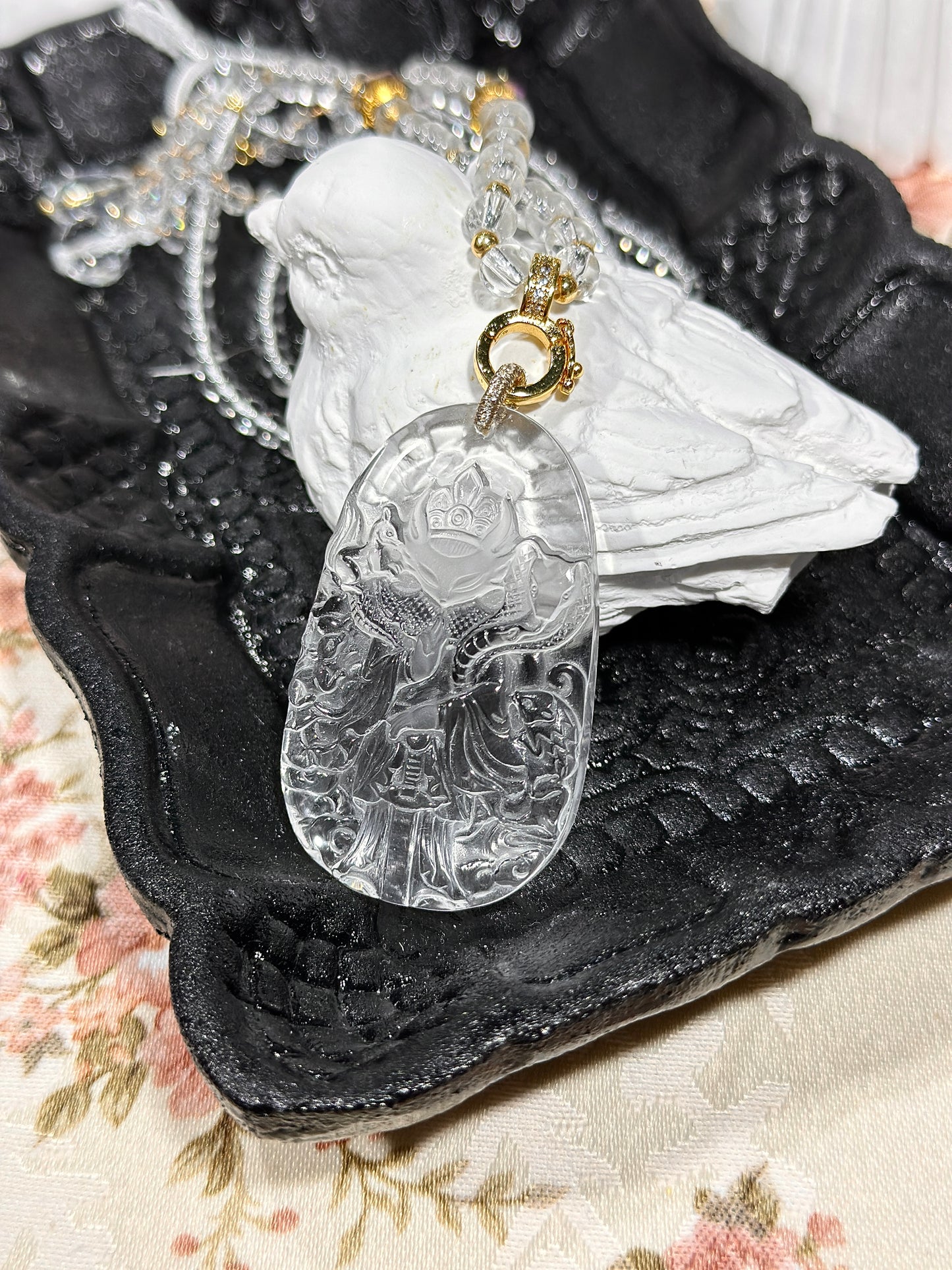 White crystal engraved fox necklace