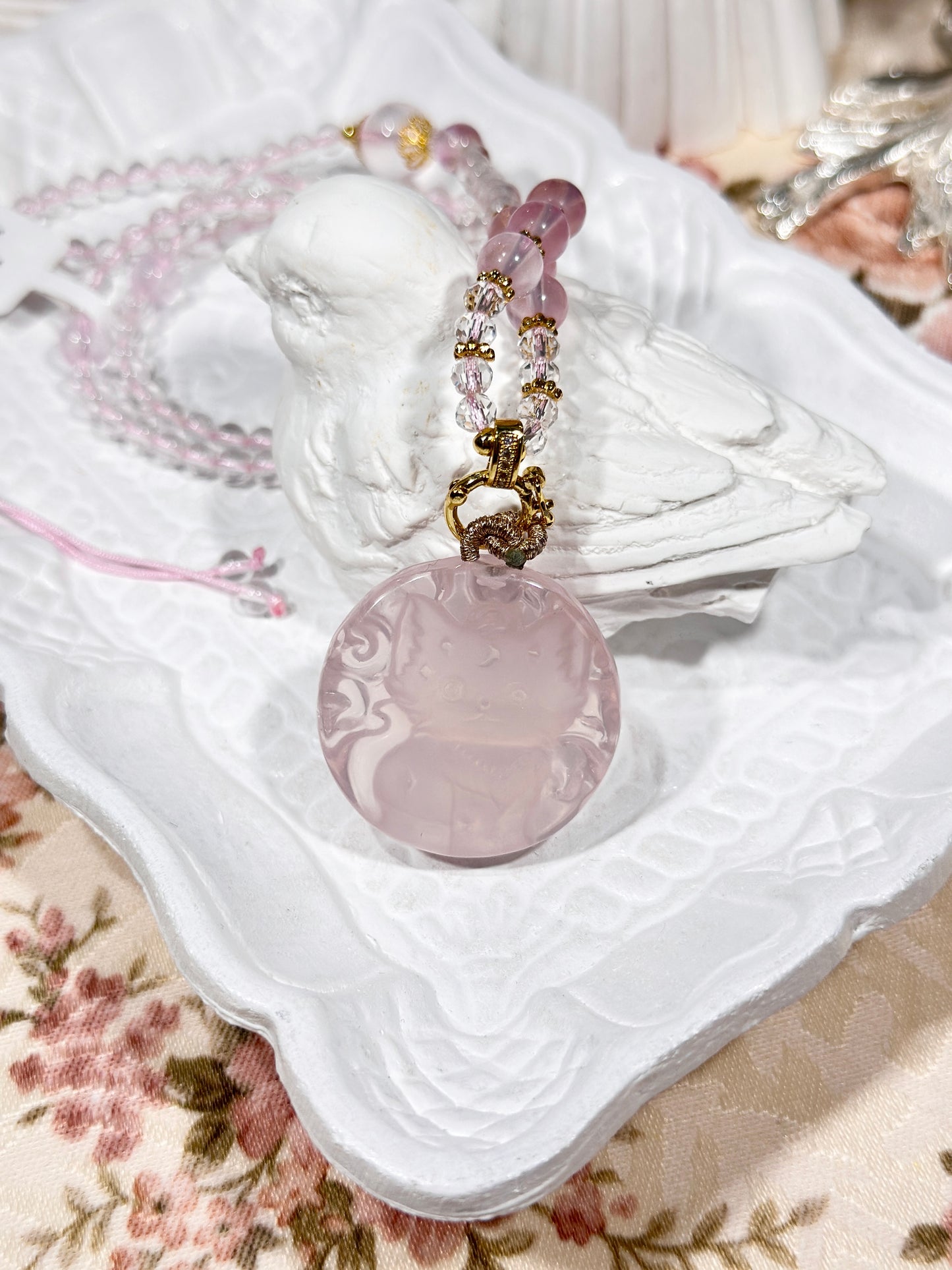 Pink quartz fox necklace