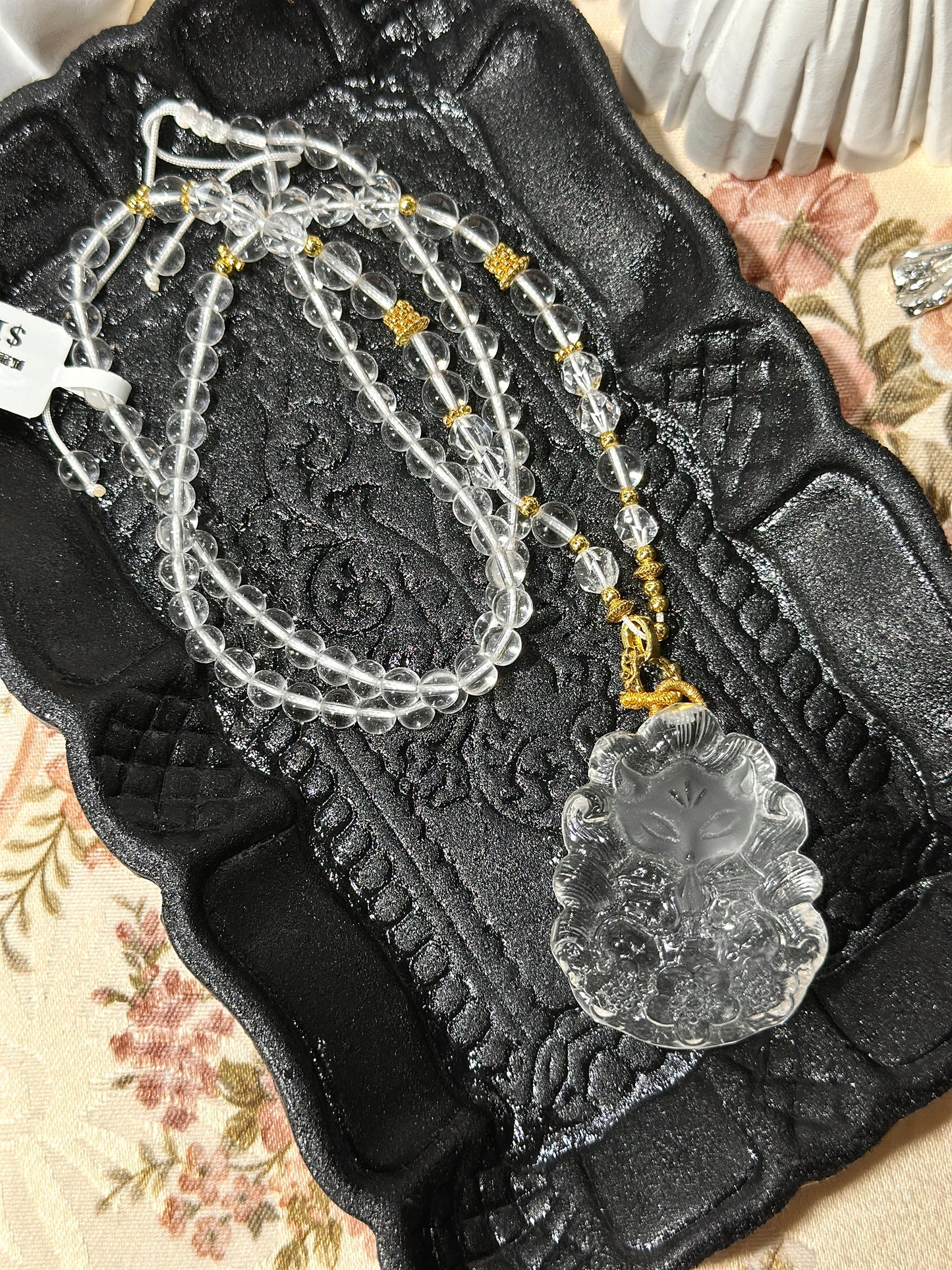 White crystal engraved fox necklace