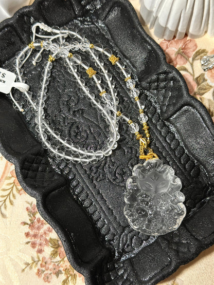 White crystal engraved fox necklace