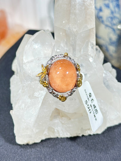 Pink rabbit fur crystal S925 silver ring